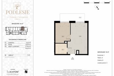 Rzut - Mieszkanie na sprzedaż 2 pokoje o powierzchni 36,66 m² - numer 1B.27 w Podlesie