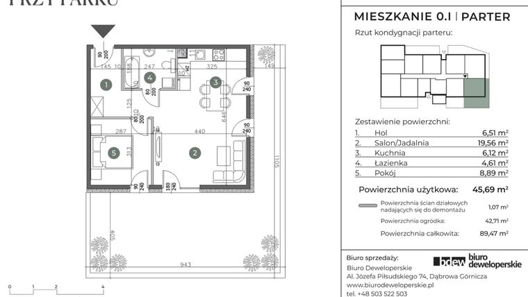 Rzut - Mieszkanie na sprzedaż 3 pokoje o powierzchni 45,69 m² - numer 0.I w Willa przy parku