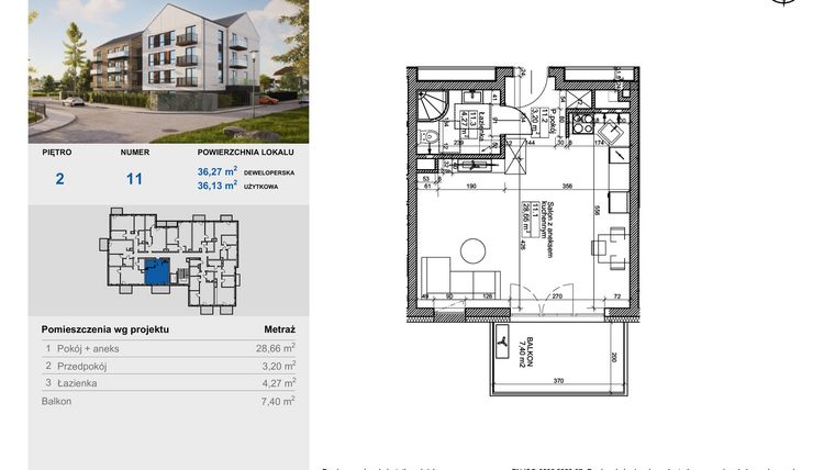Rzut - Mieszkanie na sprzedaż 1 pokój o powierzchni 36,13 m² - numer 11 w Balantia