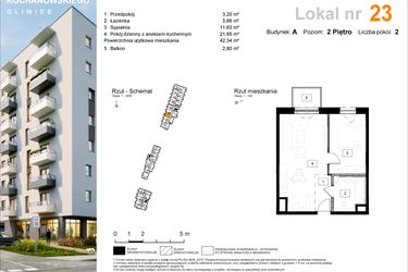 Rzut - Mieszkanie na sprzedaż 2 pokoje o powierzchni 42,34 m² - numer A.23 w Osiedle Kochanowskiego - Gliwice