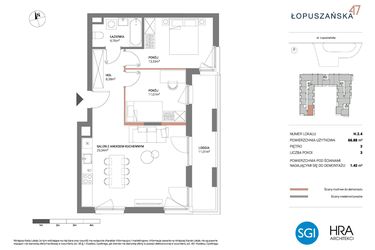 Rzut - Mieszkanie na sprzedaż 3 pokoje o powierzchni 66,88 m² - numer H.2.4 w Łopuszańska 47 - etap 3