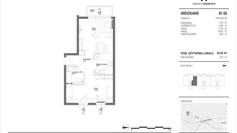 Rzut - Mieszkanie na sprzedaż 2 pokoje o powierzchni 52,64 m² - numer B1.06 w Tarasy Wierzycy