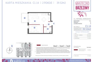 Rzut - Mieszkanie na sprzedaż 2 pokoje o powierzchni 39,52 m² - numer C1.14 w Miasteczko Brzeziny II