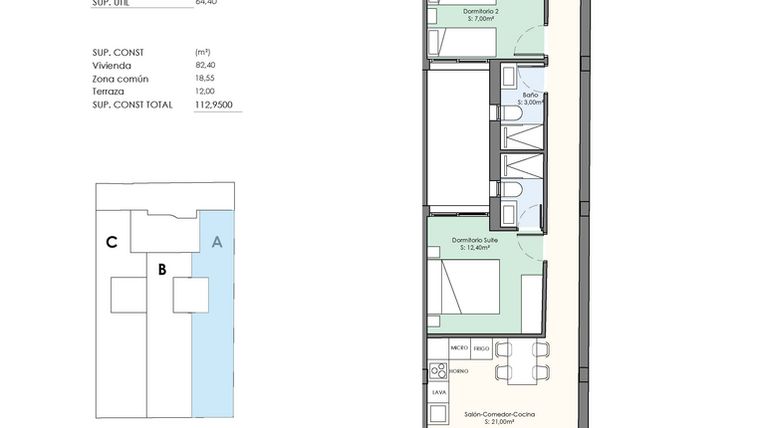 Rzut - Mieszkanie na sprzedaż 3 pokoje o powierzchni 113 m² - numer 1-1A w Apartamenty w Torrevieja - 97791076