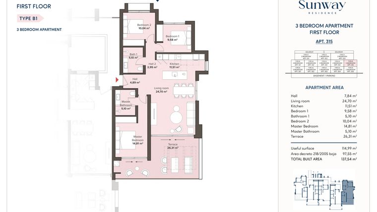 Rzut - Mieszkanie na sprzedaż 3 pokoje o powierzchni 115 m² - numer 315 w Sunway