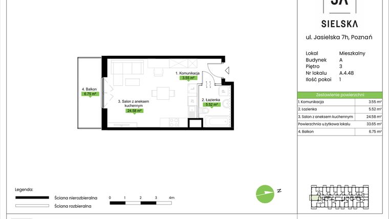 Rzut - Mieszkanie na sprzedaż 1 pokój o powierzchni 33,65 m² - numer A.4.48 w JA_SIELSKA V