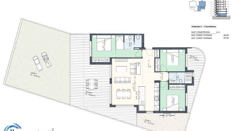 Rzut - Mieszkanie na sprzedaż 3 pokoje o powierzchni 94 m² - numer AP2 w Residencial Royal Park