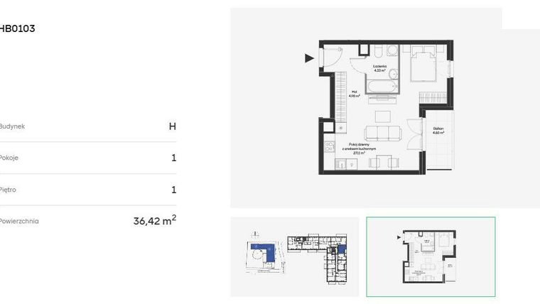 Rzut - Mieszkanie na sprzedaż 1 pokój o powierzchni 36,42 m² - numer HB0103 w Holm House 5