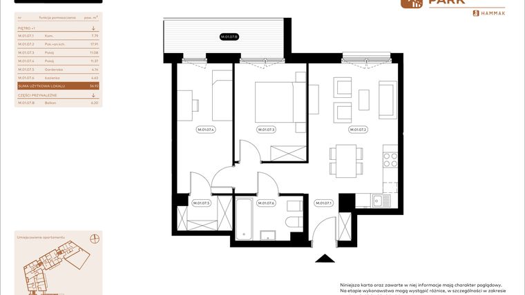 Rzut - Mieszkanie na sprzedaż 3 pokoje o powierzchni 56,92 m² - numer 1.07 w Białoprądnicka Park