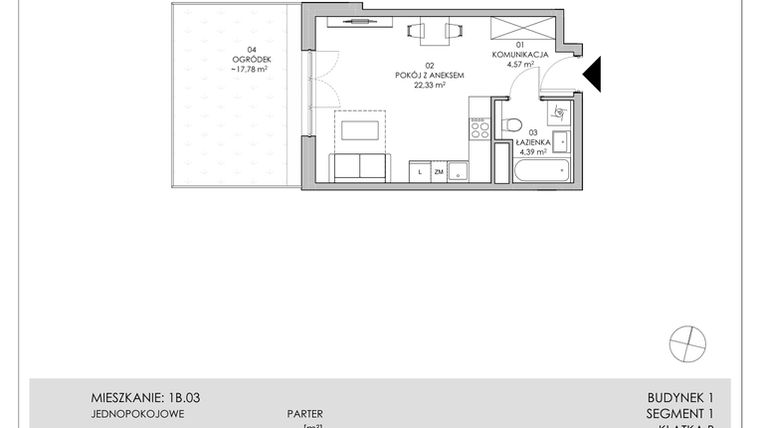 Rzut - Mieszkanie na sprzedaż 1 pokój o powierzchni 31,29 m² - numer 1B.03 w Skwer Harmonia II