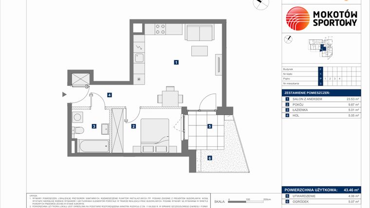 Rzut - Mieszkanie na sprzedaż 2 pokoje o powierzchni 43,46 m² - numer F.3 w Mokotów Sportowy