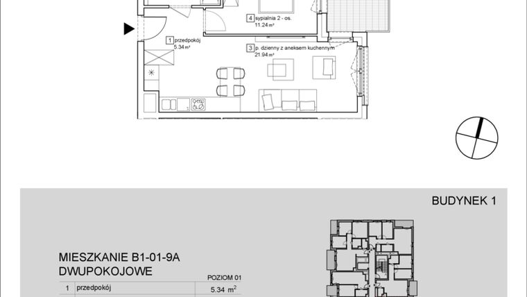 Rzut - Mieszkanie na sprzedaż 2 pokoje o powierzchni 43,09 m² - numer B1-01-9A w Francuska Park IX