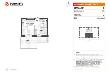 Rzut - Mieszkanie na sprzedaż 2 pokoje o powierzchni 27,46 m² - numer B9 8 w Wzgórze Markowca
