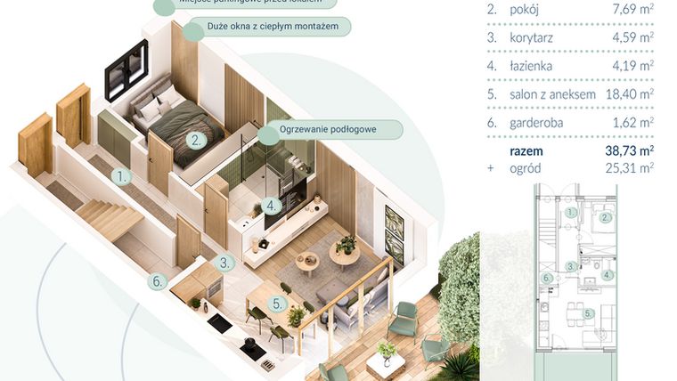 Rzut - Mieszkanie na sprzedaż 2 pokoje o powierzchni 38,73 m² - numer B.4.1 w Enklawa