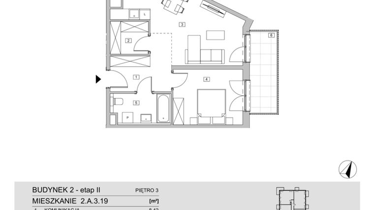 Rzut - Mieszkanie na sprzedaż 2 pokoje o powierzchni 53,64 m² - numer 2.A.3.19 w ATAL Apollina II