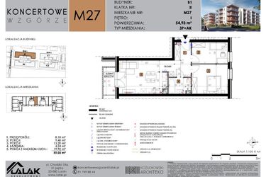 Rzut - Mieszkanie na sprzedaż 3 pokoje o powierzchni 54,93 m² - numer B1.27 w Koncertowe Wzgórze