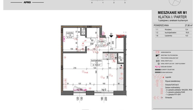 Rzut - Mieszkanie na sprzedaż 1 pokój o powierzchni 27,9 m² - numer M1 w Antczaka 46