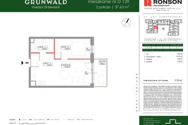 Rzut - Mieszkanie na sprzedaż 2 pokoje o powierzchni 37,63 m² - numer D139 w Grunwald Między Drzewami etap III