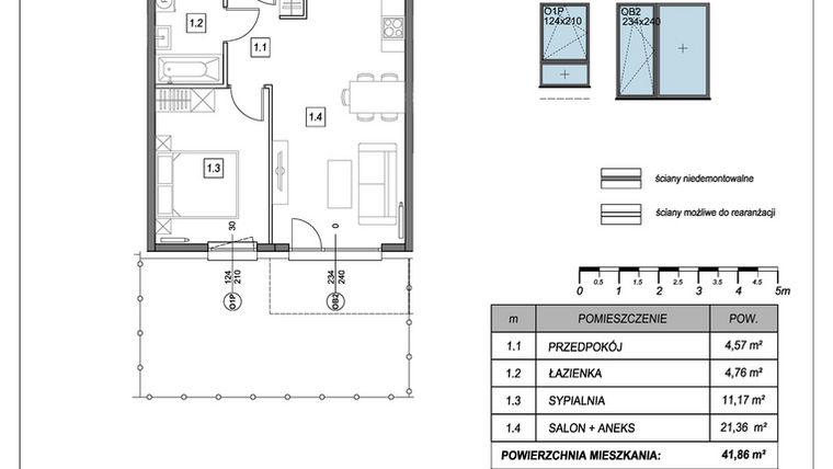 Rzut - Mieszkanie na sprzedaż 2 pokoje o powierzchni 41,86 m² - numer A.1.4 w #NaSwoim2