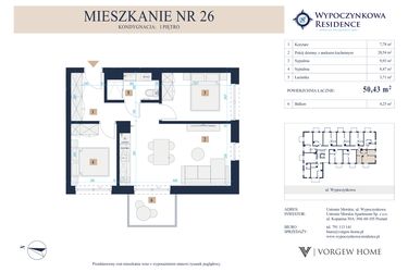 Rzut - Mieszkanie na sprzedaż 3 pokoje o powierzchni 50,43 m² - numer 26 w Wypoczynkowa Residence
