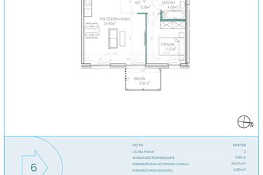 Rzut - Mieszkanie na sprzedaż 2 pokoje o powierzchni 45,04 m² - numer C6 w Dwa Jeziora CD