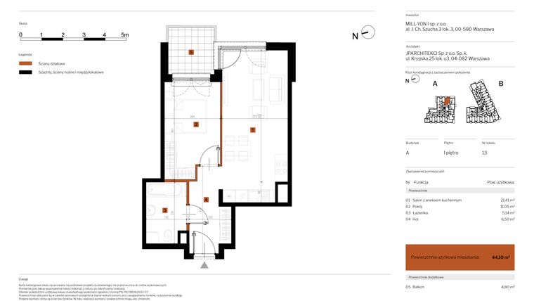 Rzut - Mieszkanie na sprzedaż 2 pokoje o powierzchni 44,1 m² - numer 13 w MY Głębocka