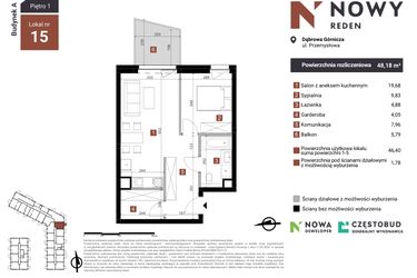 Rzut - Mieszkanie na sprzedaż 2 pokoje o powierzchni 48,18 m² - numer A15 w Nowy Reden