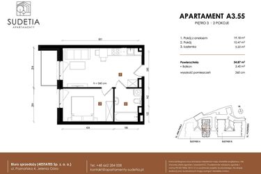 Rzut - Mieszkanie na sprzedaż 2 pokoje o powierzchni 34,87 m² - numer A 3.55 w Apartamenty Sudetia