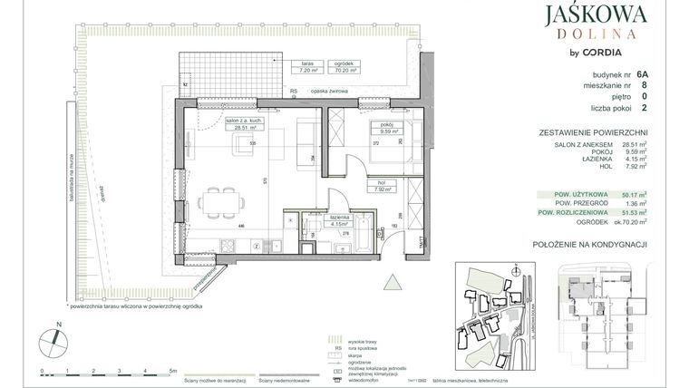 Rzut - Mieszkanie na sprzedaż 2 pokoje o powierzchni 51,53 m² - numer 6.A.8 w Villa Jaśkowa Dolina etap II