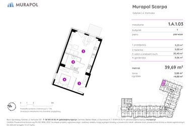 Rzut - Mieszkanie na sprzedaż 2 pokoje o powierzchni 39,69 m² - numer 1.A.1.03 w Murapol Scarpa