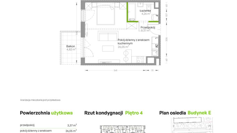 Rzut - Mieszkanie na sprzedaż 1 pokój o powierzchni 33,76 m² - numer E.029 w Centralna Vita