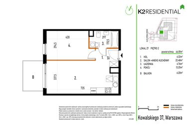 Rzut - Mieszkanie na sprzedaż 2 pokoje o powierzchni 44,81 m² - numer 27 w Kowalskiego 37