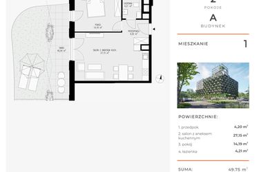 Rzut - Mieszkanie na sprzedaż 2 pokoje o powierzchni 49,75 m² - numer 1 w Semiramis