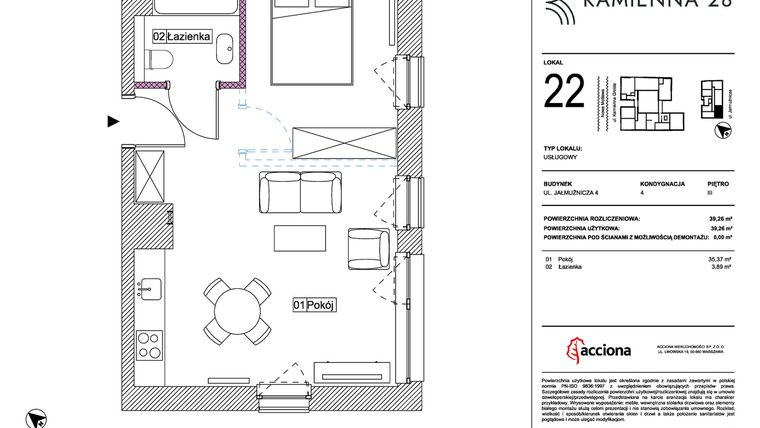 Rzut - Mieszkanie na sprzedaż 1 pokój o powierzchni 39,26 m² - numer 4.22 w Kamienna 28 - apartamenty inwestycyjne