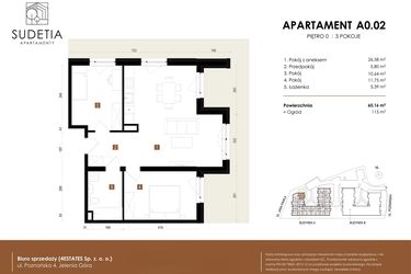 Rzut - Mieszkanie na sprzedaż 3 pokoje o powierzchni 60,16 m² - numer A 0.02 w Apartamenty Sudetia