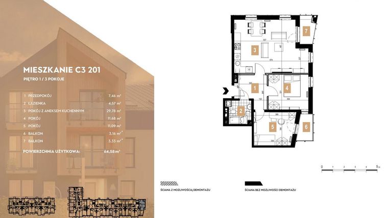 Rzut - Mieszkanie na sprzedaż 3 pokoje o powierzchni 64,58 m² - numer C3.201 w MOTTO Wojnów