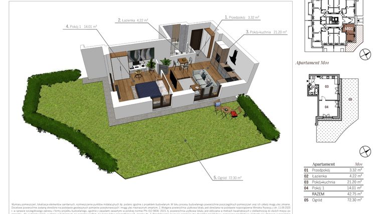 Rzut - Mieszkanie na sprzedaż 2 pokoje o powierzchni 42,75 m² - numer M01 w Przy Parku etap II
