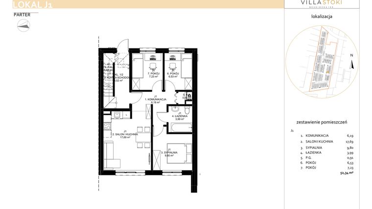 Rzut - Mieszkanie na sprzedaż 4 pokoje o powierzchni 52,34 m² - numer J1 w Villa Stoki (mieszkania)