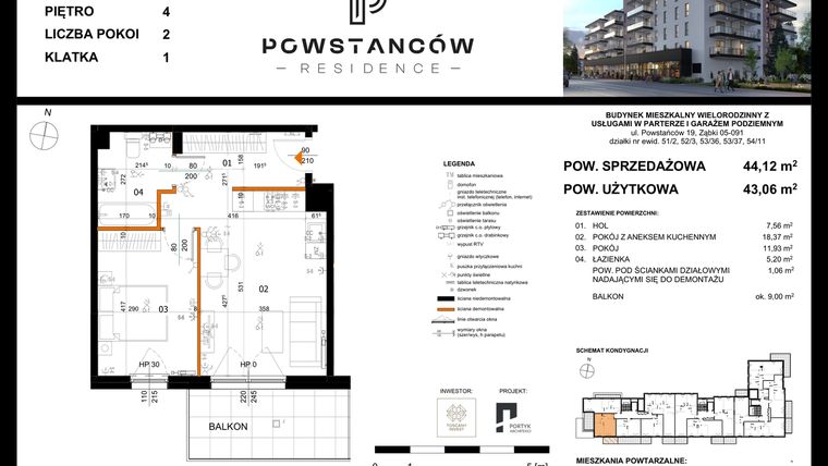 Rzut - Mieszkanie na sprzedaż 2 pokoje o powierzchni 47,16 m² - numer 17 w Powstańców Residence