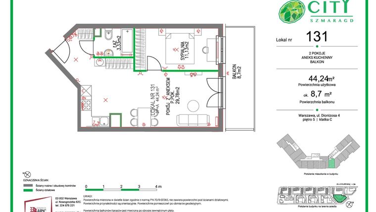 Rzut - Mieszkanie na sprzedaż 2 pokoje o powierzchni 44,24 m² - numer 131 w Comfort City Szmaragd