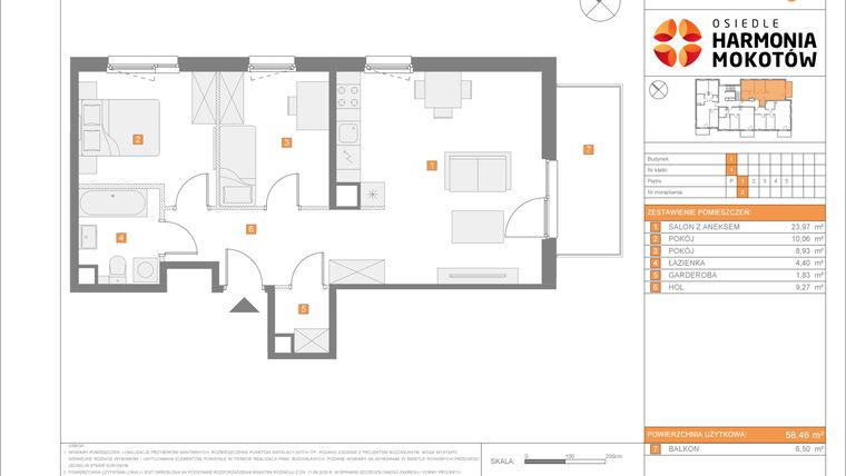 Rzut - Mieszkanie na sprzedaż 3 pokoje o powierzchni 58,46 m² - numer I.2 w Osiedle Harmonia Mokotów etap 3