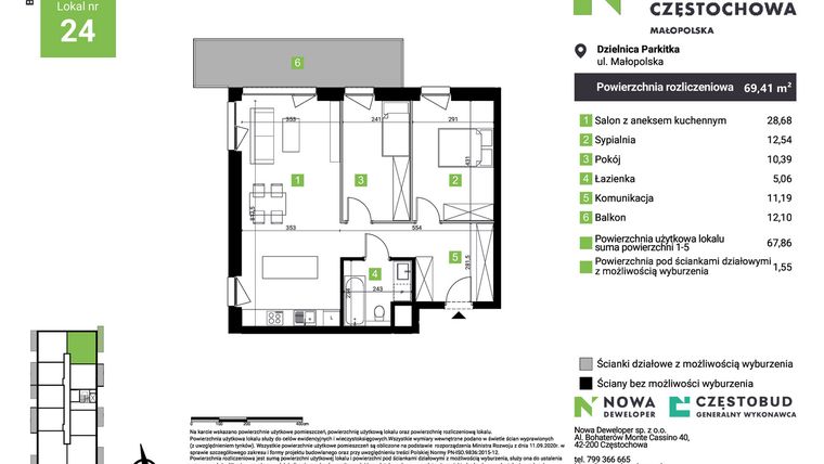 Rzut - Mieszkanie na sprzedaż 3 pokoje o powierzchni 69,41 m² - numer D24 w Nowa Częstochowa Małopolska etap II