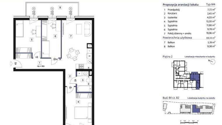 Rzut - Mieszkanie na sprzedaż 4 pokoje o powierzchni 69,14 m² - numer B2 – M2.4 w Primacasa
