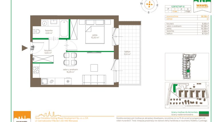 Rzut - Mieszkanie na sprzedaż 2 pokoje o powierzchni 36,58 m² - numer F/44 w Ostródzka 123 - III etap
