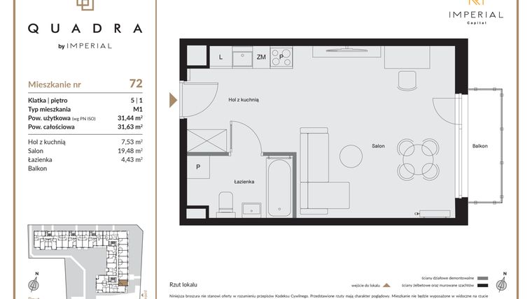 Rzut - Mieszkanie na sprzedaż 1 pokój o powierzchni 31,44 m² - numer 72 w QUADRA