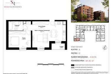 Rzut - Mieszkanie na sprzedaż 2 pokoje o powierzchni 47,16 m² - numer A-02-03 w Siedlecka Residence