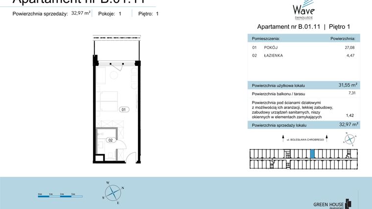 Rzut - Mieszkanie na sprzedaż 1 pokój o powierzchni 32,97 m² - numer B.01.11 w Wave Świnoujście Thermal & Spa