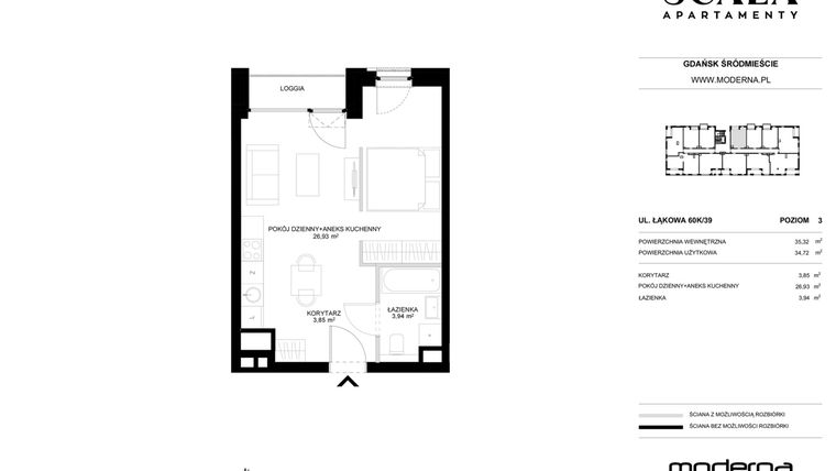 Rzut - Mieszkanie na sprzedaż 1 pokój o powierzchni 35,32 m² - numer K-31 (E) w Scala