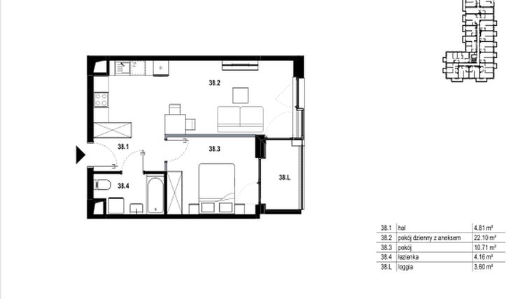 Rzut - Mieszkanie na sprzedaż 2 pokoje o powierzchni 41,78 m² - numer C3.38 w Osiedle Mozaika