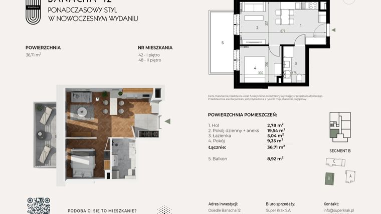 Rzut - Mieszkanie na sprzedaż 2 pokoje o powierzchni 36,71 m² - numer 42 w Banacha 12
